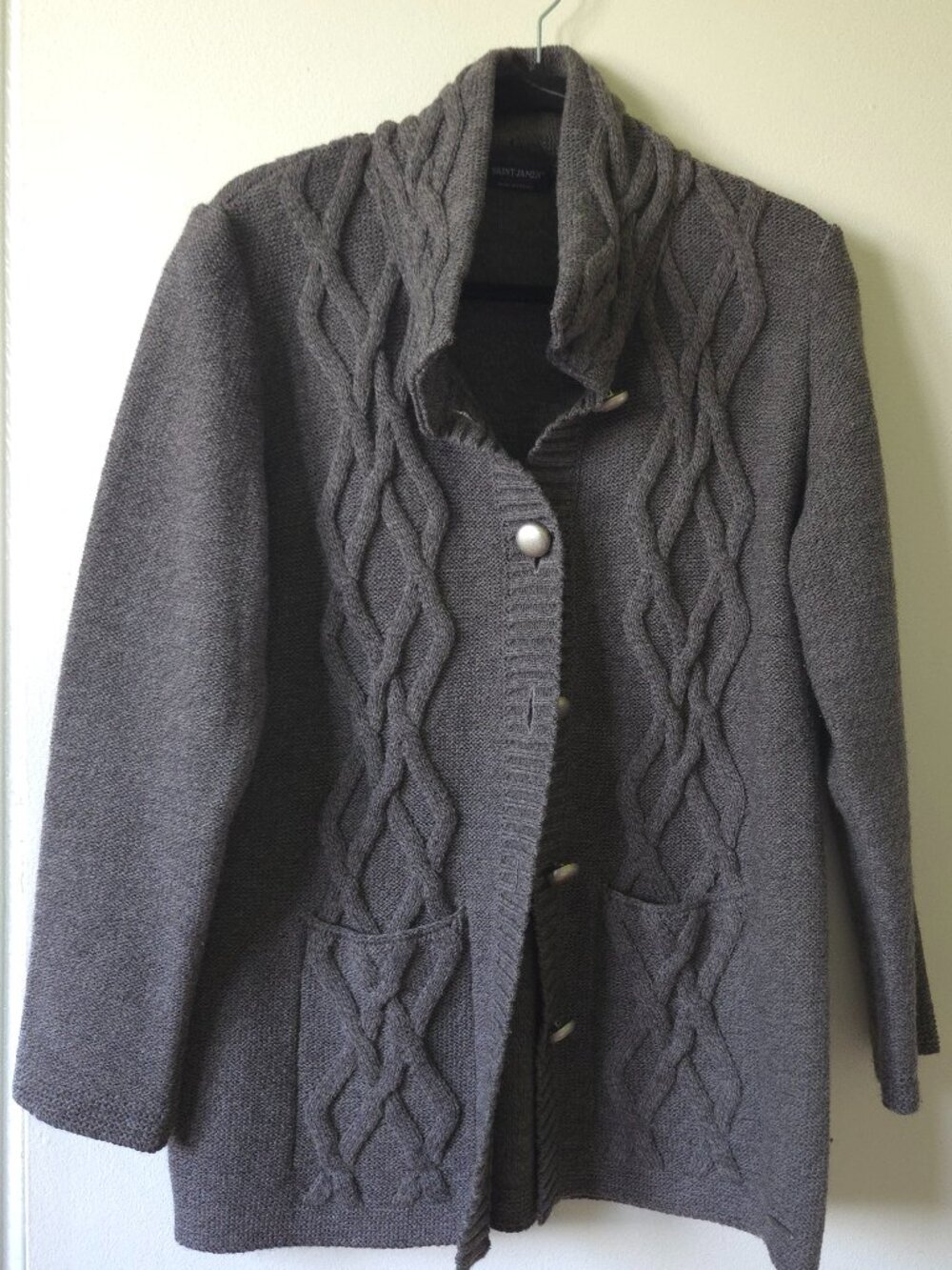Saint James France Cable Knit Cardigan Sweater Grey Wool Blend Womens US 14 / La